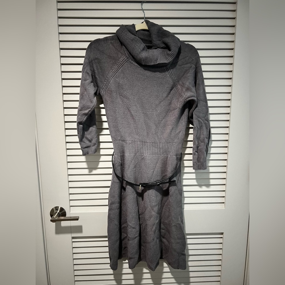 Long grey knit dress with a black belt from the limited.